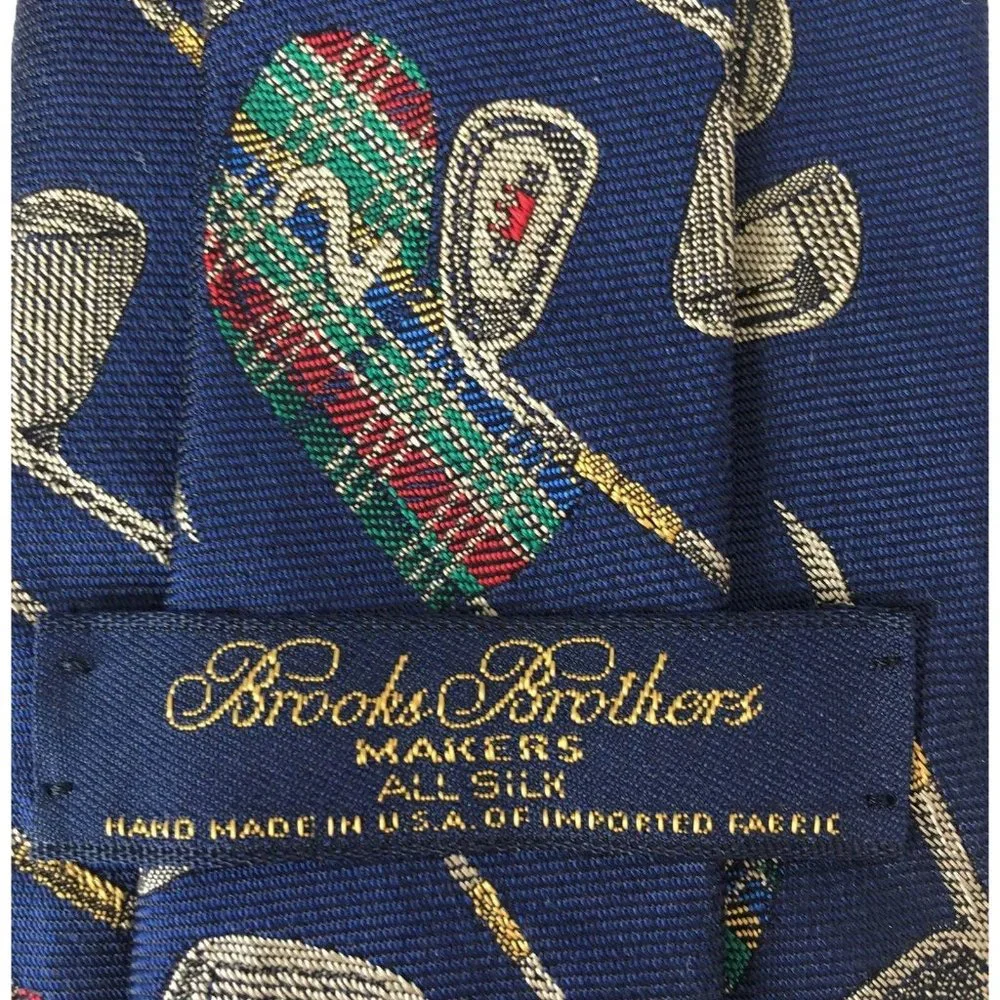 Brooks Brothers Makers Tie Golf Club 100% Silk Navy‎ Blue Made USA Necktie Mesn